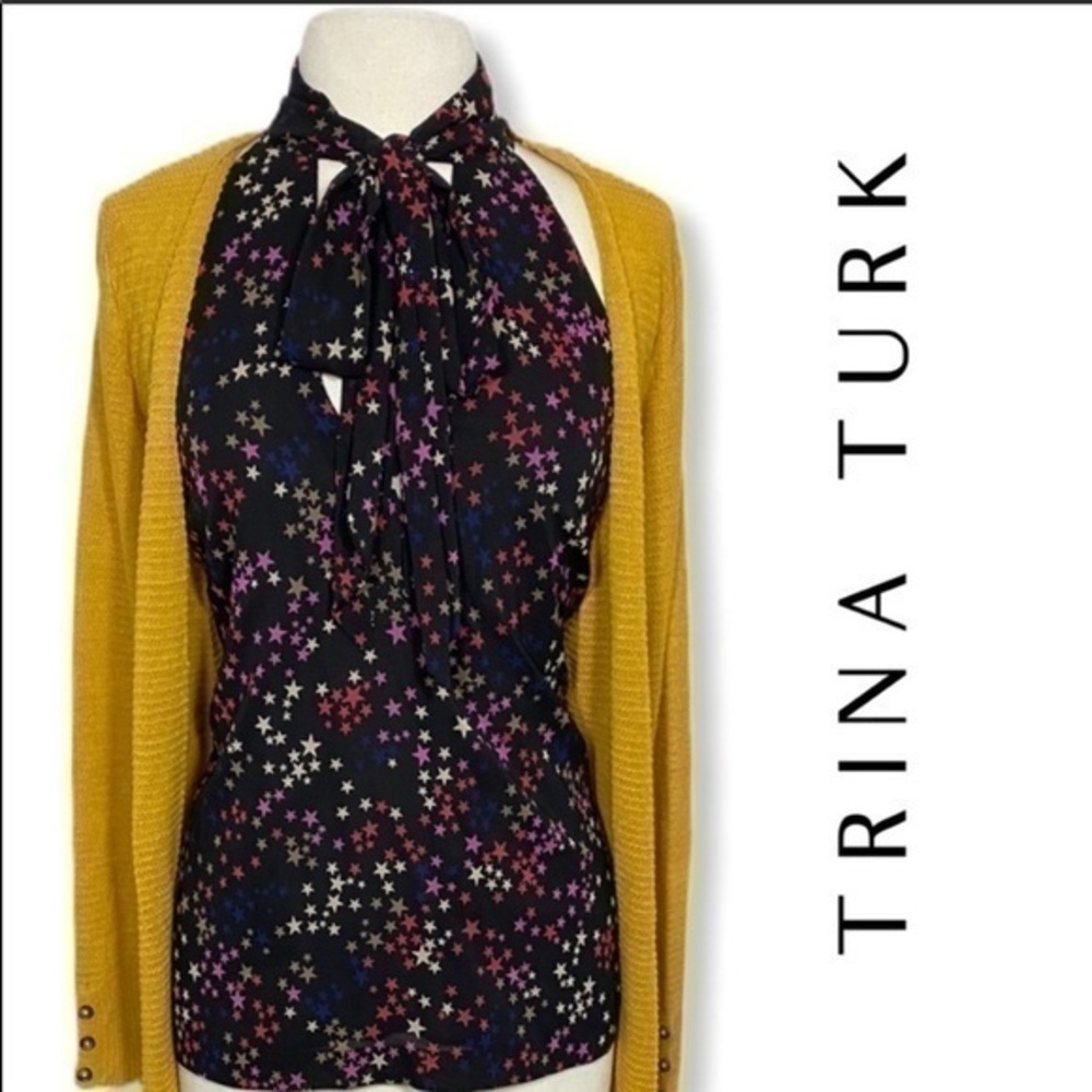 Trina Turk size 10 Jazzy Stars tie neck blouse